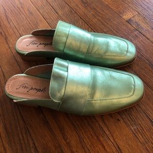FREE PEOPLE metallic mint green mules